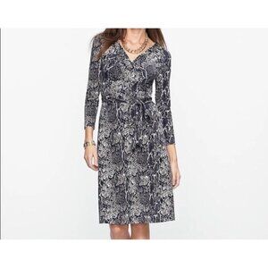 Talbots Faux Wrap Dress Womens Size Medium Petite Snakeskin Pattern Gray Black